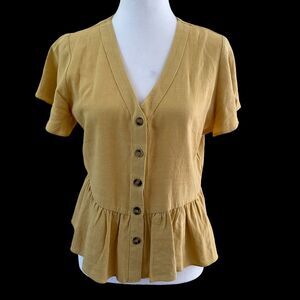 Lipslide Women’s V-Neck Peplum Short Sleeves Blouse Yellow Size S